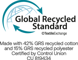 Made with 42% GRS recycled cotton  and 15% GRS recycled polyester
